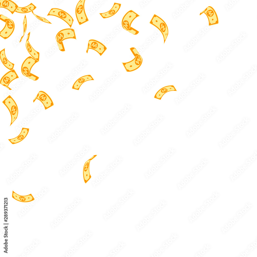 Korean won notes falling. Sparse WON bills on whit Korean won notes falling. Sparse WON bills on whit
