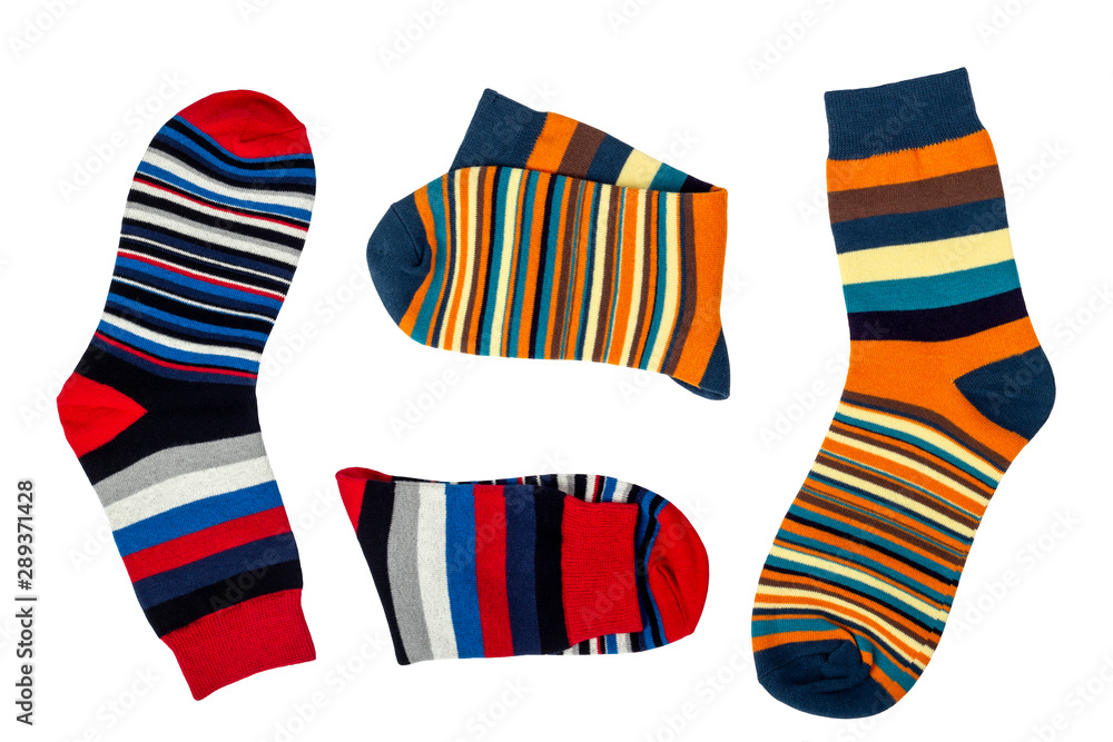 Flat lay of male striped socks isolated on white background Flat lay of male striped socks isolated on white background