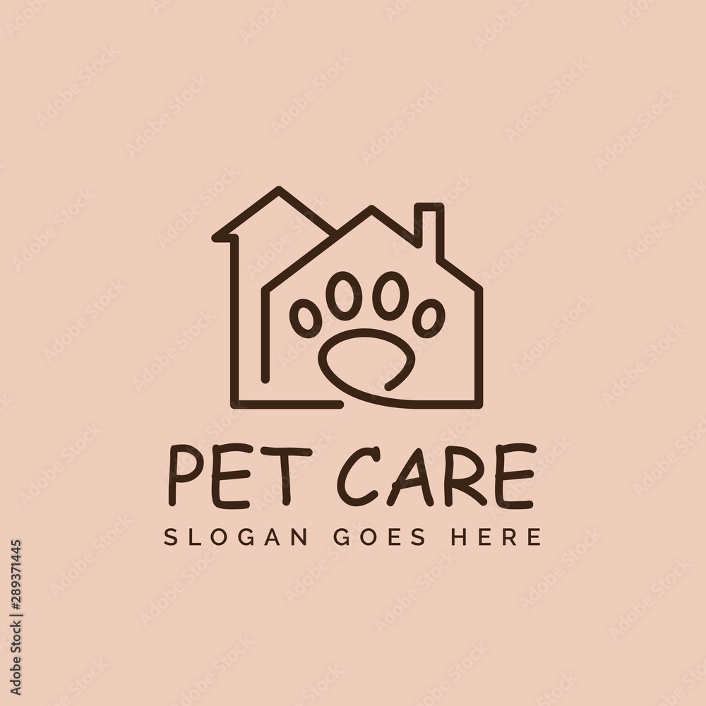 Simple pet shop clinic home care line art logo design with house, chimney and dog or cat footprints Simple pet shop clinic home care line art logo design with house, chimney and dog or cat footprints