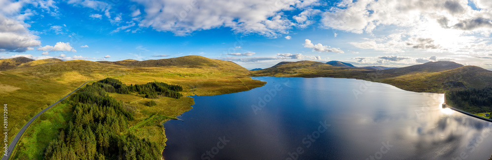 aerial panoramic view of sunset reservoir in mourne mountain area ,Northern Ireland