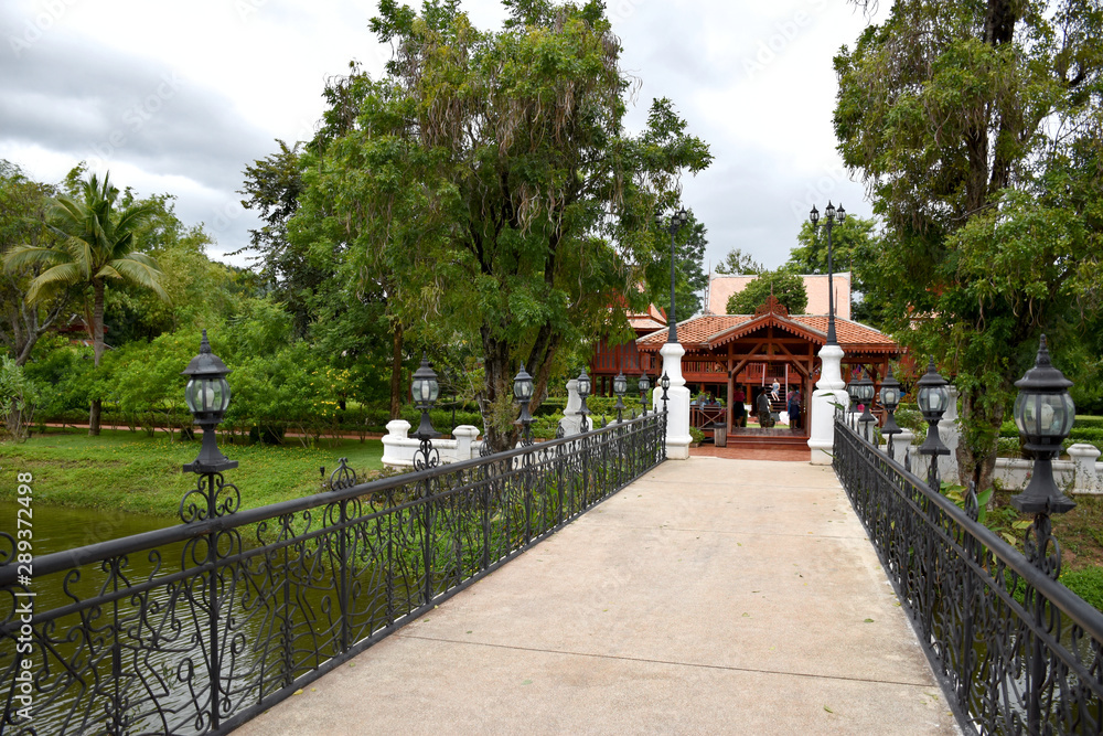Kanchanaburi, Thailand, 09.09.2019: Beautiful garden, lake, traditional Thai, Siamese clothes, buildings of Kanchanaburi, Thailand, 09.09.2019: Beautiful garden, lake, traditional Thai, Siamese clothes, buildings of