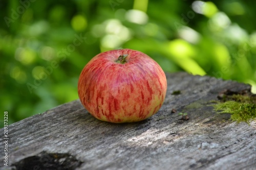 red apple on wooden table