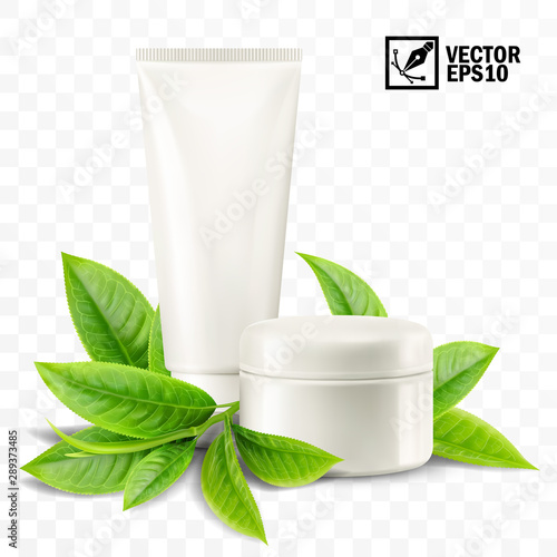 3d realistic isolated vector mockup, jar and tube with cosmetic cream, tea or mint leaves