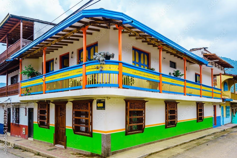 View on colorful Houses In Colonial City Jardin, Antoquia, Colombia, South America