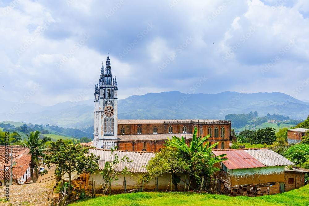 View on th white church in the colonial city of Jerico, Colombia