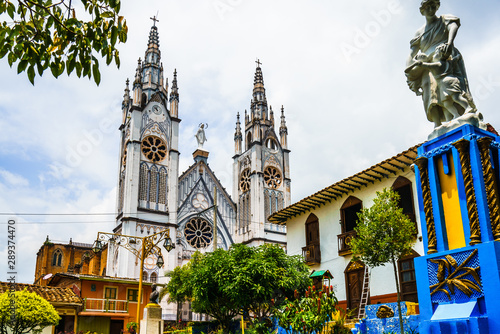 View on th white church in the colonial city of Jerico, Colombia