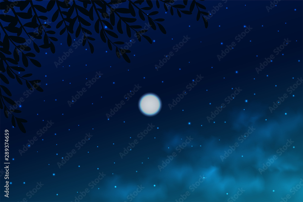 Night sky background. Tops view trees with depth of field moon on sky and cloud.
