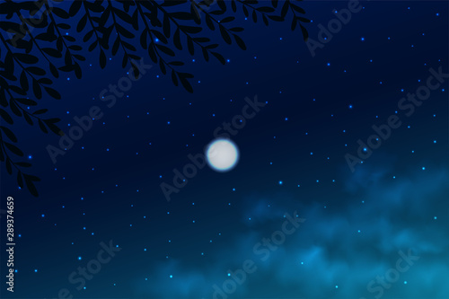 Night sky background. Tops view trees with depth of field moon on sky and cloud.