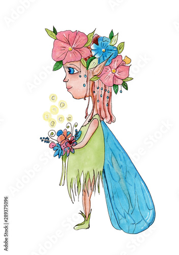 Young little fairy in a green dress with flower wreath and bunch of flowers in hands. Hand drawn by markers and isolated on a white background