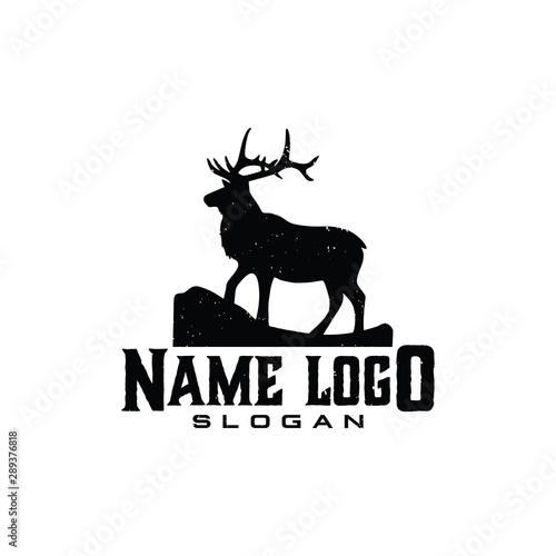 Deer elk moose with rock climb hills logo vector. strong gentle elegant look brand hand drawn vintage for icon profile photo adventure outdoor hunt cloth apparel classic old studio photo video.