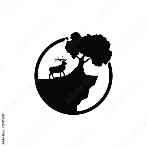 Deer elk moose with tree and rock climb hills logo vector. strong gentle look round vintage for icon profile photo adventure outdoor.