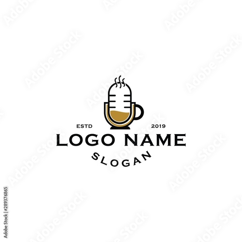 Podcast logo icon. with cup of coffee or tea time in for internet webdesign studio talk show reality celebrity entertaiment program television and smartphone applications. and business company talk sh