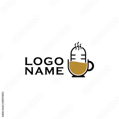 Podcast logo icon. with cup of coffee or tea time in for internet webdesign studio talk show food and drink review comment program television and smartphone applications. and vlog on air