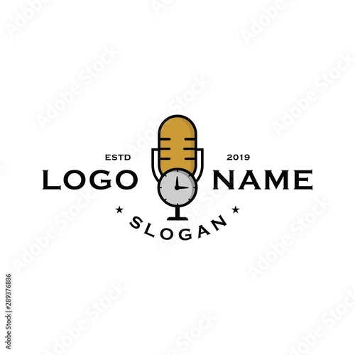 Podcast logo icon. with clock time in middle for internet webdesign and smartphone applications. and business company talk show on air radio studio