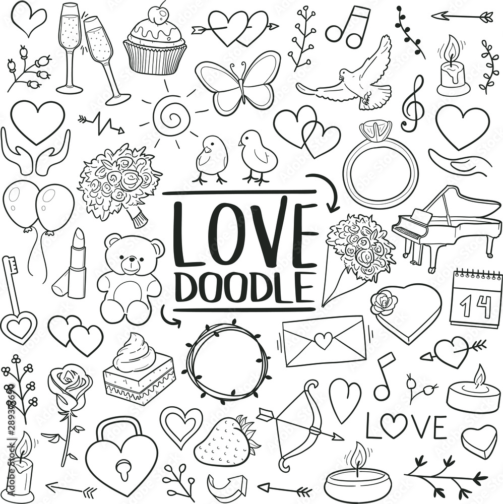 Love Valentines Heart Traditional Doodle Icons Sketch Hand Made Design Vector