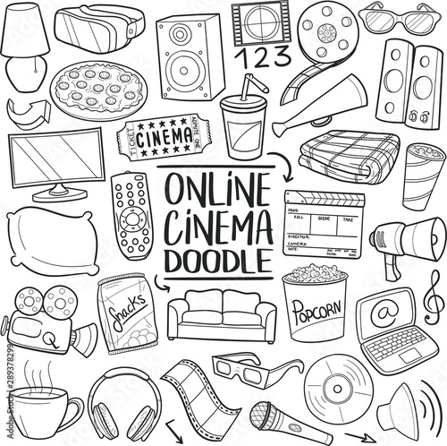 Online View Cinema. Home Film Day. Traditional Doodle Icons. Sketch Hand Made Design Vector Art.