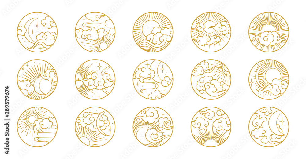 Asian circle pattern set with clouds, moon, sun, stars . Vector collection in oriental chinese, japanese, korean style. Line hand drawn illustration isolated on white background. Retro elements set. Asian circle pattern set with clouds, moon, sun, stars . Vector collection in oriental chinese, japanese, korean style. Line hand drawn illustration isolated on white background. Retro elements set.