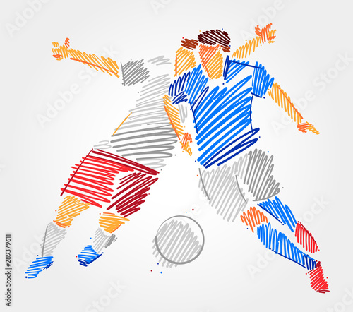 Two soccer players fighting over the ball. Simple drawing with blue and grayscale outlines in sketch-shape on light background