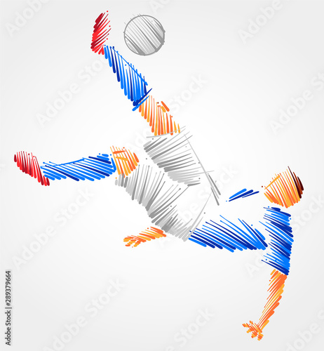 Soccer player trying to kick the ball made of blue and grayscale brush strokes on light background