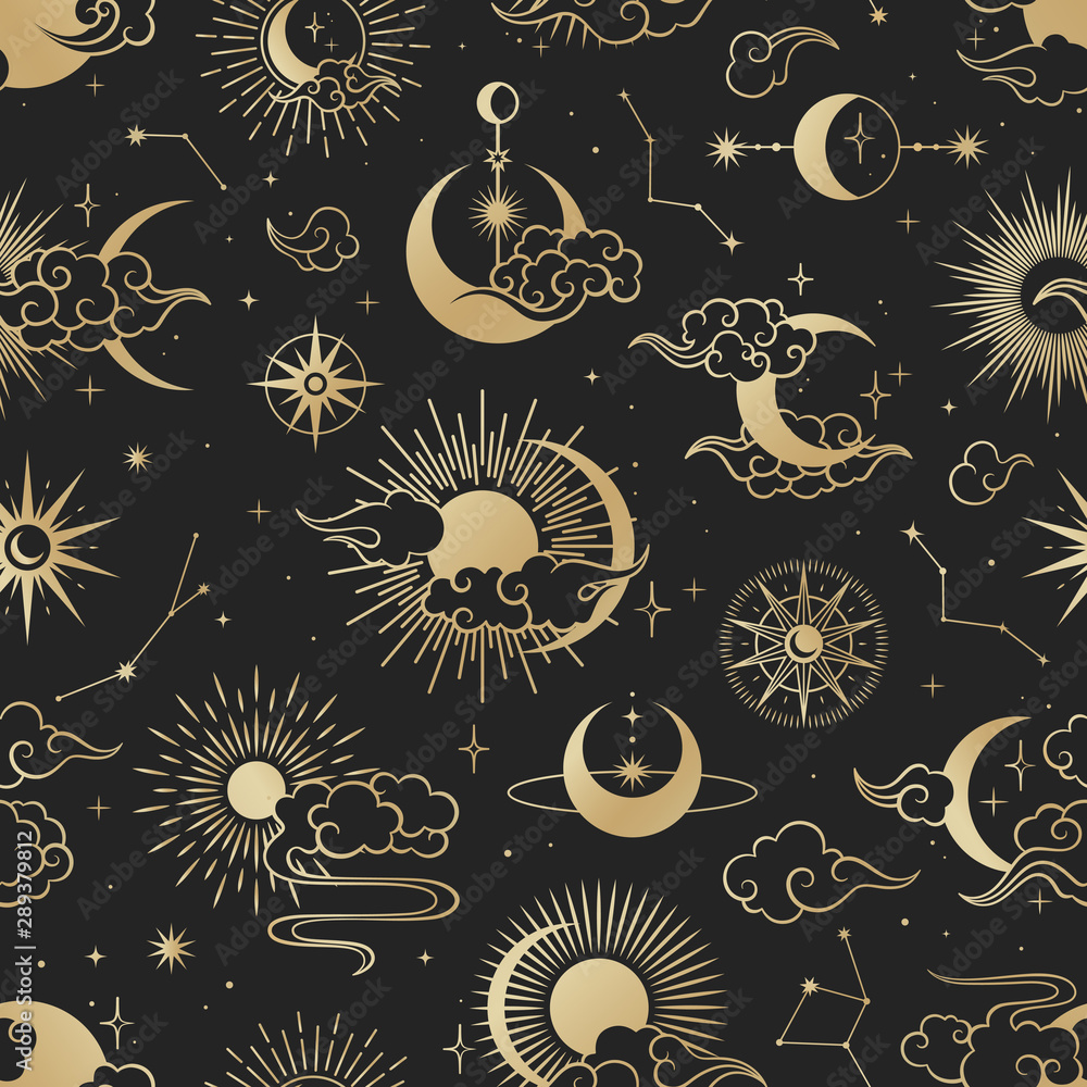 asian seamless pattern with clouds moon sun stars vector collection  oriental chinese japanese korean Wrapping Paper by Hayundya