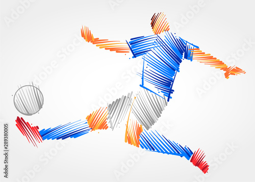 Soccer player stretching the body to dominate the ball made of blue and grayscale brushstrokes on light background
