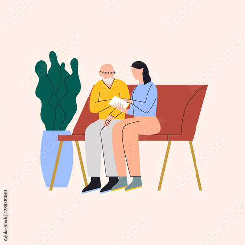Young woman helping old man with planning. Woman and elderly man sitting on bench looking on paper. Trouble with planning as an Alzheimer's symptom. Flat vector illustration