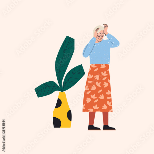 Elderly woman with memory loss portrait. Old woman trying to remember something. Alzheimer's symptom. Flat vector illustration