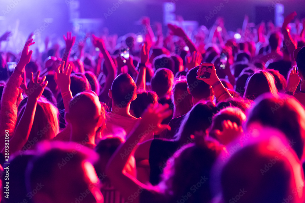 Crowd of fans cheering at open-air music festival - obrazy, fototapety, plakaty 