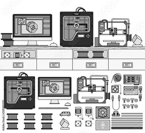 Equipment for 3D printing tools. Line monochrome style vector illustration