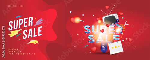 Super sale of 25 off. The concept for big discounts with voluminous text, a retro TV and red hearts on a red background with light effects. Flat vector illustration EPS10