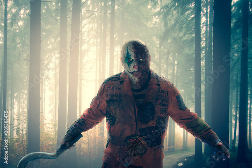 scary psychopath clown in horror forest photo