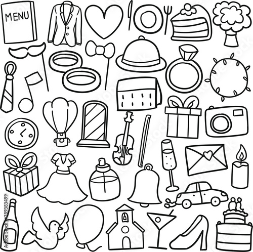 Wedding Party Just Married Icons. Traditional Doodle Drawn Sketch. Hand Made Design Vector.  