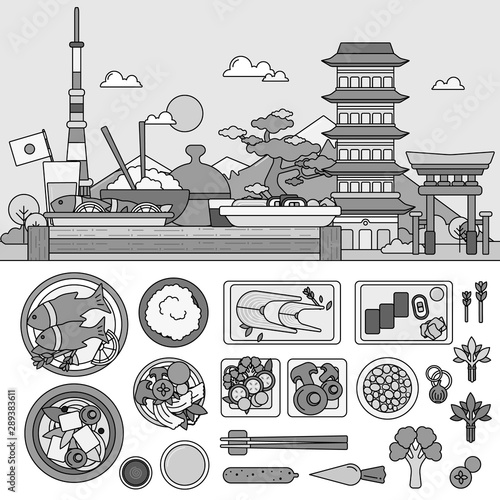 Japanese breakfast flat line vector against the background of Japanese sights