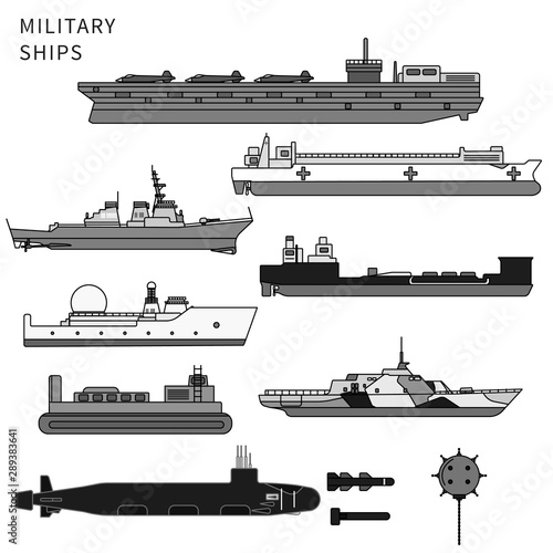 Military ships, warship and battleship on white. Line monochrome vector illustration.