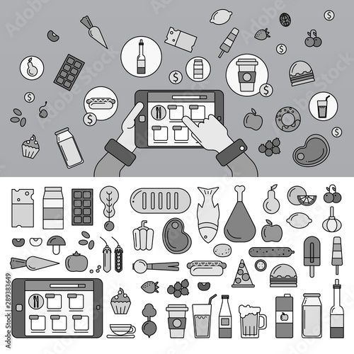 Ordering products online. Line monochrome vector illustration.