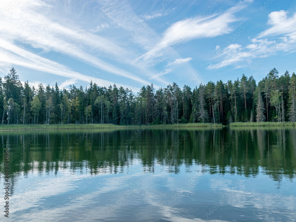 Fototapeta premium beautiful lake view, beautiful sky, Calm lake reflection against the blue sky with white clouds, Valdis lake, Turna, Latvia