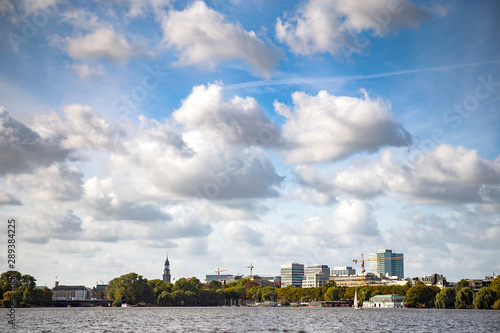 Streets of Hamburg. Panoramic view of the city of Hamburg from a water.
