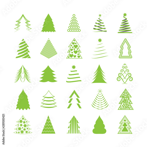 Abstract Christmas Tree Icons. Green Silhouette Set - Isolated On White Background - Vector Illustration. Collection Of Xmas Tree Icons. Abstract Art. Flat Pictogram. Christmas Trees Modern Silhouette