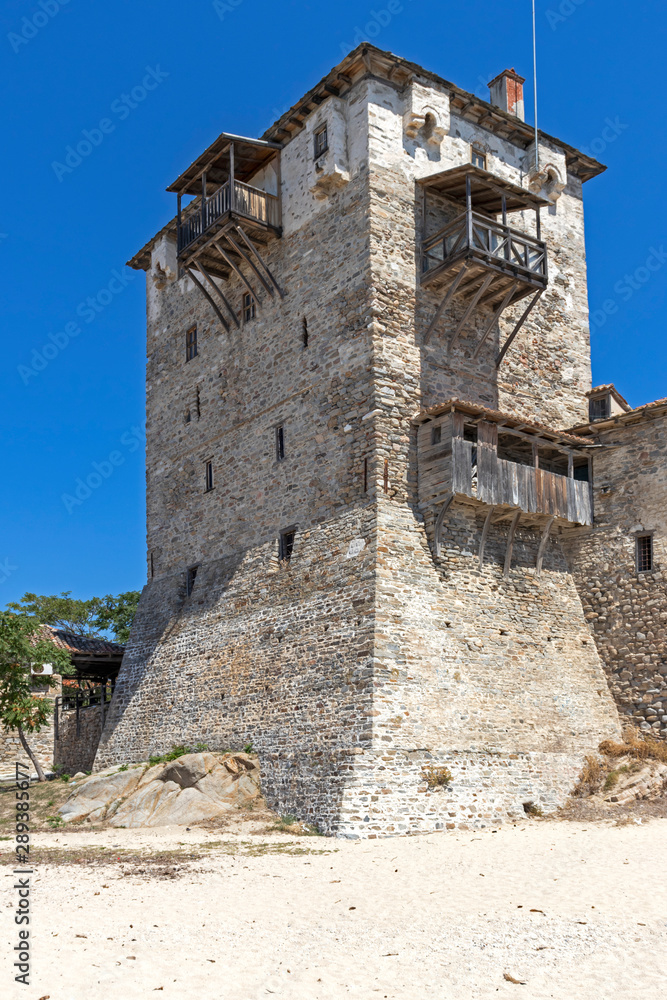 The old tower in town of Ouranopoli, Greece
