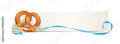 Brezel mit Edelweiss und Schleife, Oktoberfest blanko Banner, Vektor Illustration isoliert auf weißem Hintergrund