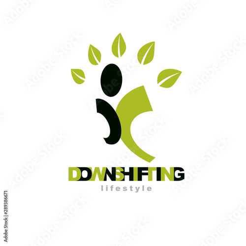 Vector illustration of joyful abstract individual with raised hands up. Downshifting concept logo. Vegetarian theme icon. Green tourism symbol.