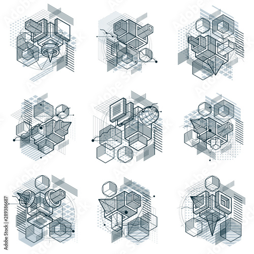 Abstract 3d shapes compositions, vector isometric backgrounds. Compositions of cubes, hexagons, squares, rectangles and different abstract elements. Vector collection.