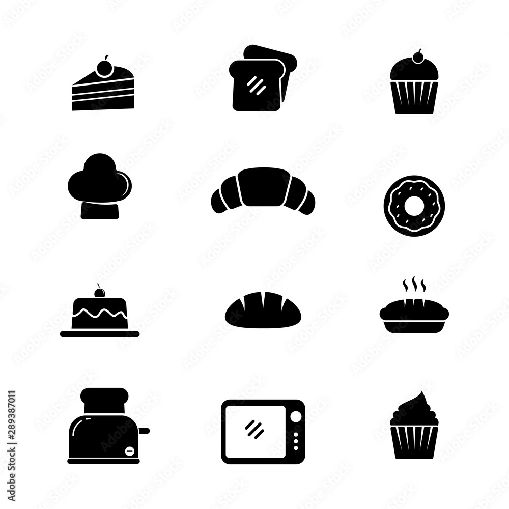 Set of cake and bakery icon. Baker and cake vector illustration with simple silhouette design 