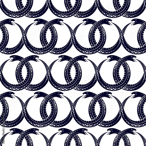 Repeat snakes seamless vector pattern, tiling endless background with venom reptiles in vintage style, subculture rock n roll and hard rock theme.