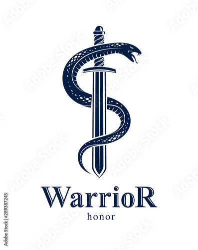 Snake and Dagger, Serpent wraps around a sword vector vintage tattoo, Roman god Mercury, luck and trickery, allegorical logo or emblem of ancient symbol.