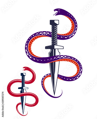 Dagger kills a Snake, defeated Serpent wraps around a sword vector vintage tattoo, Life is a Fight concept, allegorical logo or emblem of ancient symbol.