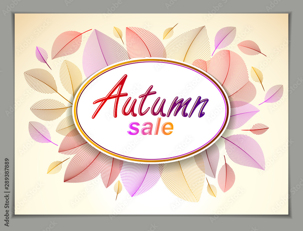 Design horizontal banner with Autumn typing logo, fall red and yellow leaves frame composition background. Card for autumn season, promotion offer. Stylish classy botanical drawing, environment.