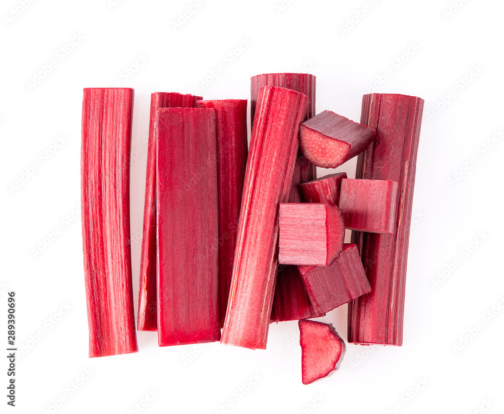 Rhubarb stalks on a white background. top view Rhubarb stalks on a white background. top view