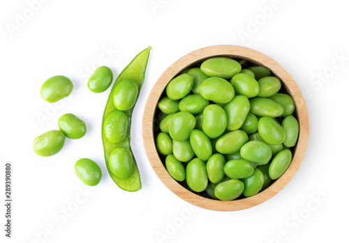 edamame green soy beans isolated on white background. top view photo