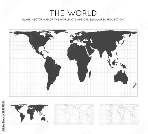 Map of The World. Cylindrical equal-area projection. Globe with latitude and longitude lines. World map on meridians and parallels background. Vector illustration.